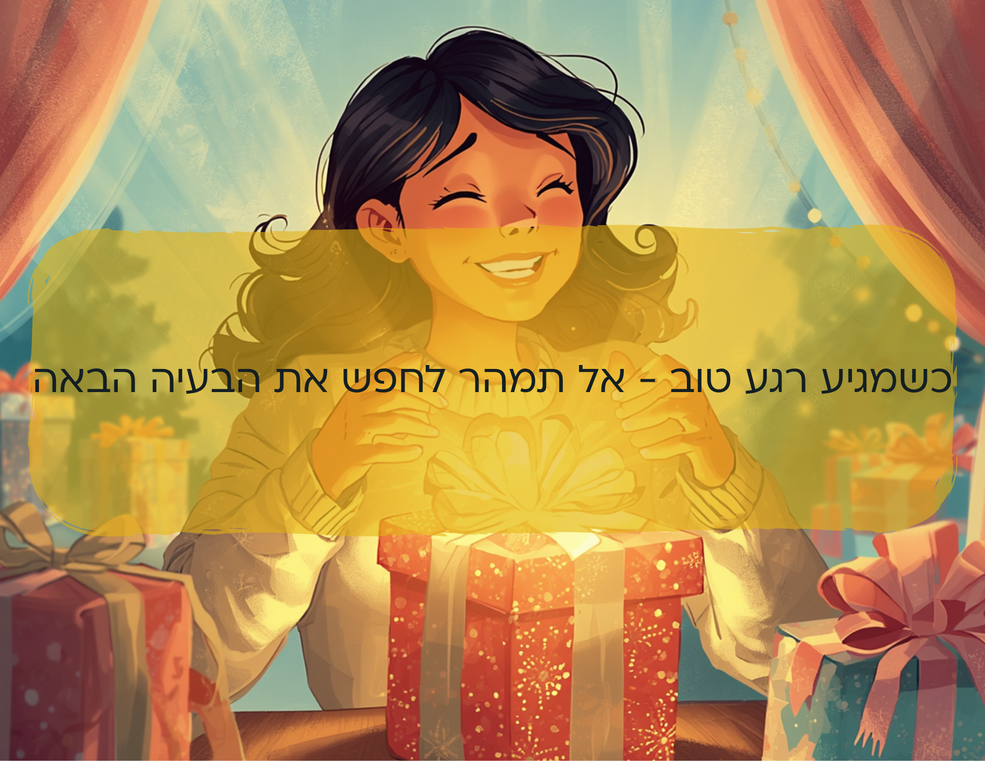 אישה מקבלת הפתעה וטקסט שאומר שמגיע רגע טוב - אל תחפש את הבעיה הבאה
